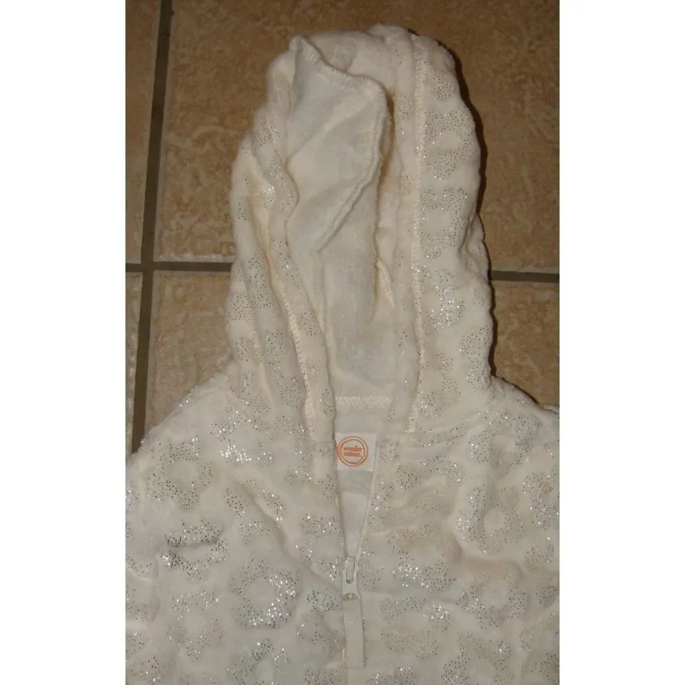 NEW Girl Sz Small (6-6X) Sparkly Flowers White Soft Plush Hooded Full Zip Jacket